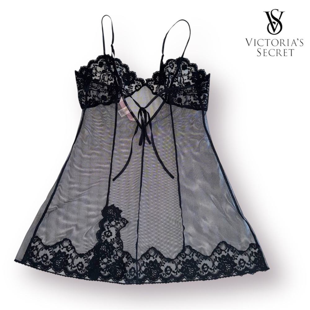 Victoria's Secret Y2K Black Sheer Lace Baby Doll Chemise - Picture 2 of 6